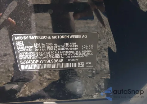 2022 BMW X3 Sdrive30I from USA, damaged, VIN 5UX43DP01N9L98648